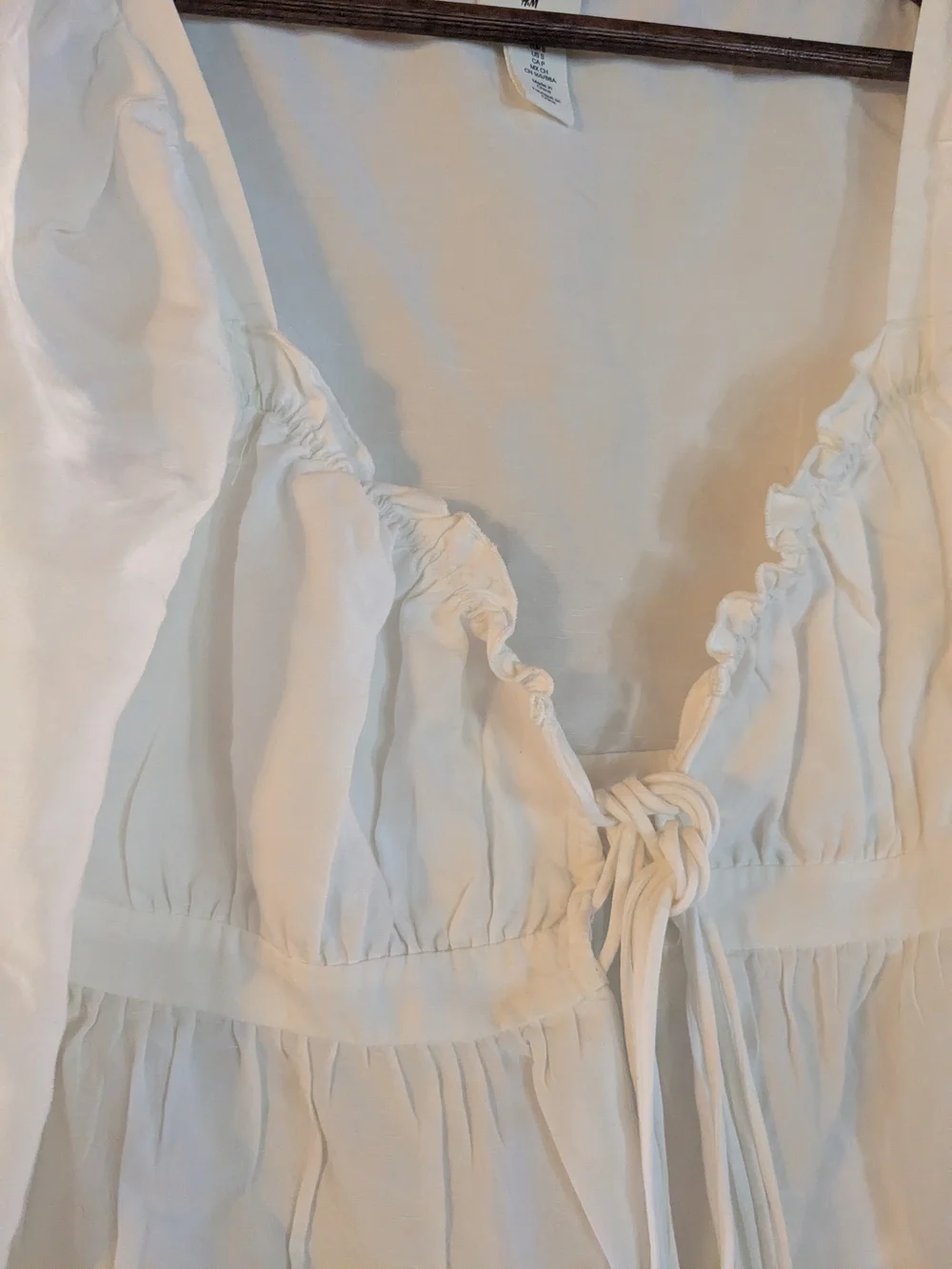 H&M Size Small Linen Blend Women's White Tie-Front Peasant Blouse NWOT